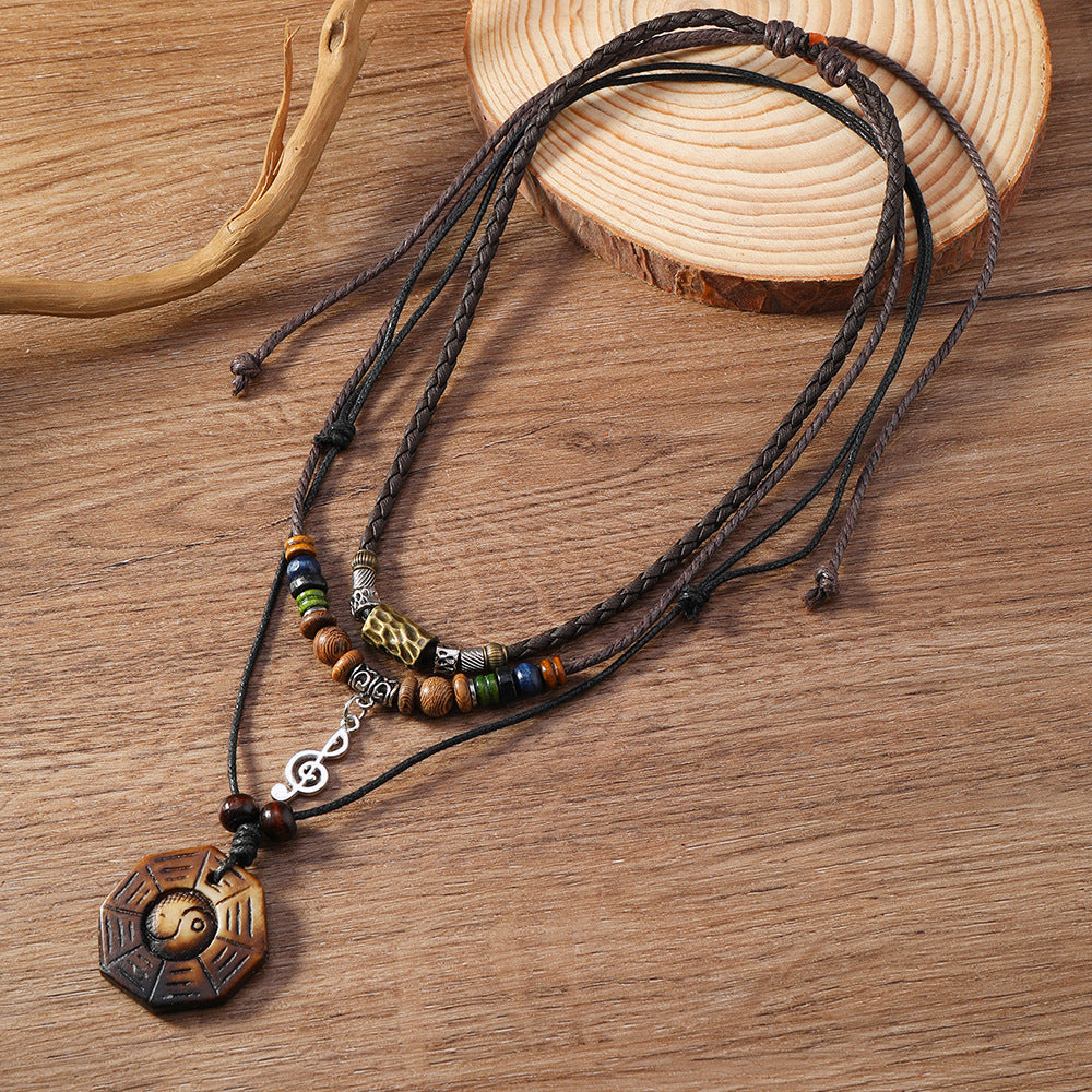 Vintage Braided Alloy Pendant Necklace Long Drawstring Design Hand Beaded Layers Unisex Accessory