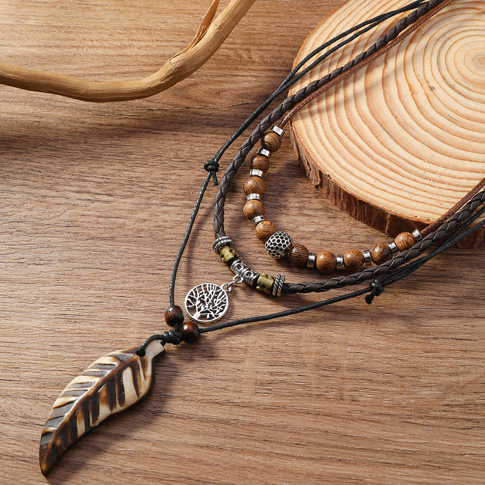Vintage Braided Alloy Pendant Necklace Long Drawstring Design Hand Beaded Layers Unisex Accessory