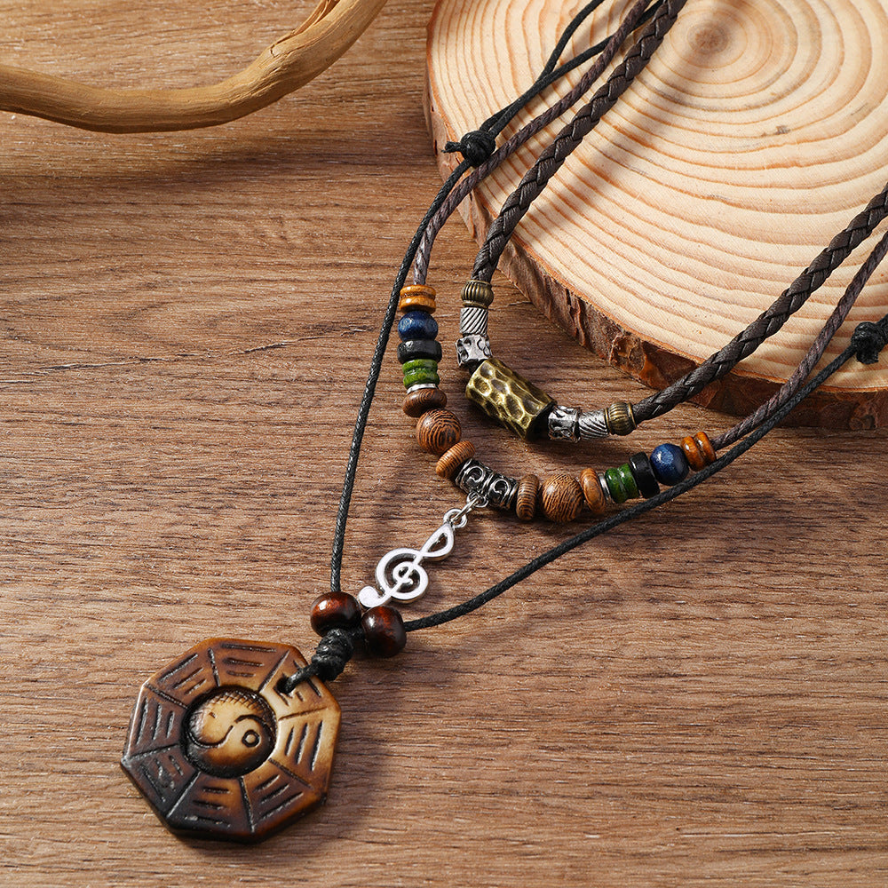Vintage Braided Alloy Pendant Necklace Long Drawstring Design Hand Beaded Layers Unisex Accessory
