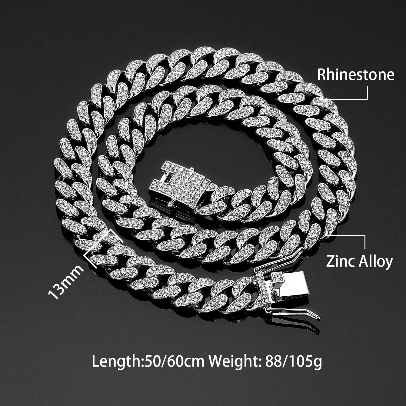 13mm Cuban Chain High-Quality Alloy Inlaid Diamond Necklace Unisex Bracelet European and American Hip-Hop Jewelry
