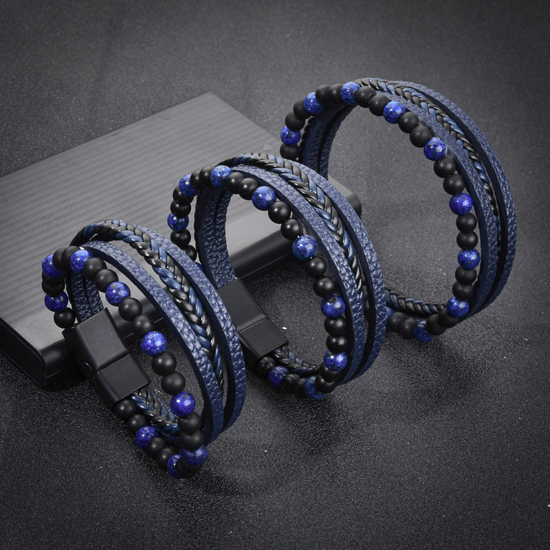 Stone Bead Leather Men's Magnetic Buckle Bracelet Handmade Woven Tiger Eye Obsidian Bracelet