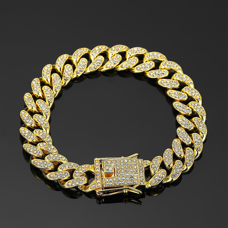 13mm Cuban Chain High-Quality Alloy Inlaid Diamond Necklace Unisex Bracelet European and American Hip-Hop Jewelry