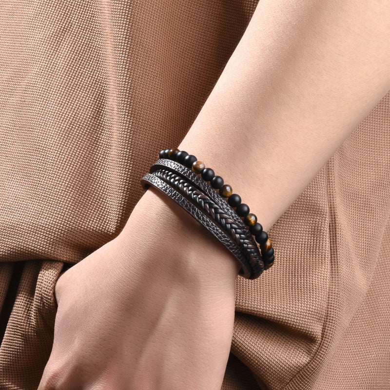 Stone Bead Leather Men's Magnetic Buckle Bracelet Handmade Woven Tiger Eye Obsidian Bracelet