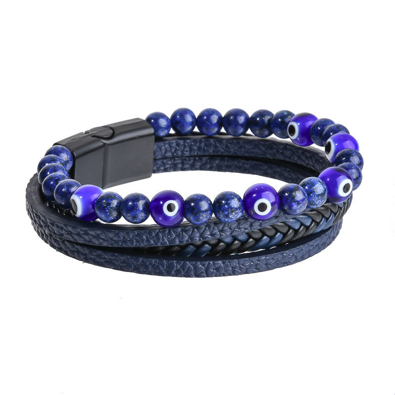 Stone Bead Leather Men's Magnetic Buckle Bracelet Handmade Woven Tiger Eye Obsidian Bracelet