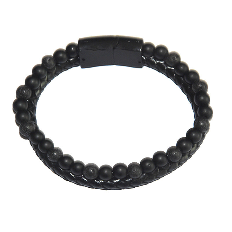 Stone Bead Leather Men's Magnetic Buckle Bracelet Handmade Woven Tiger Eye Obsidian Bracelet