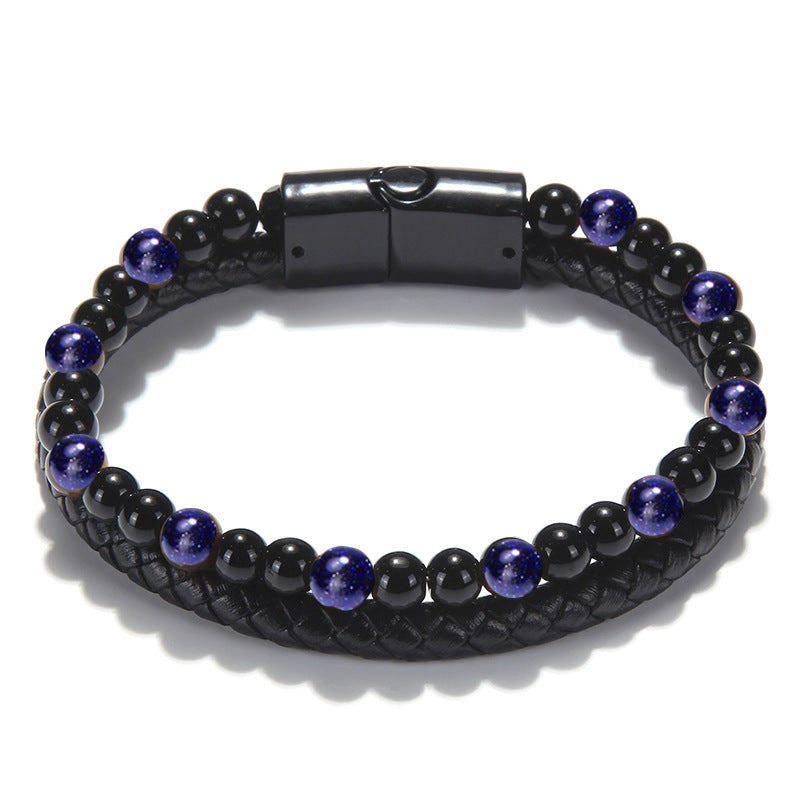 Stone Bead Leather Men's Magnetic Buckle Bracelet Handmade Woven Tiger Eye Obsidian Bracelet