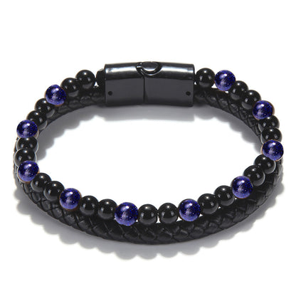 Stone Bead Leather Men's Magnetic Buckle Bracelet Handmade Woven Tiger Eye Obsidian Bracelet