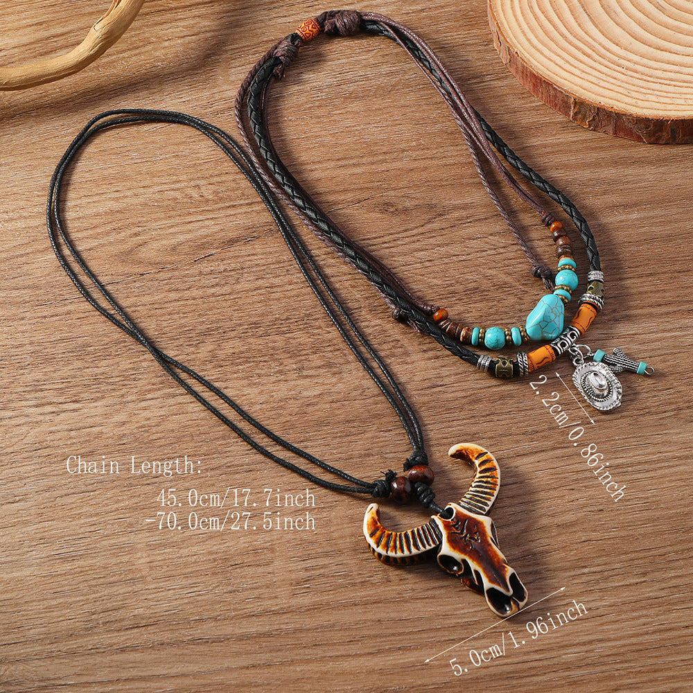 Vintage Braided Alloy Pendant Necklace Long Drawstring Design Hand Beaded Layers Unisex Accessory