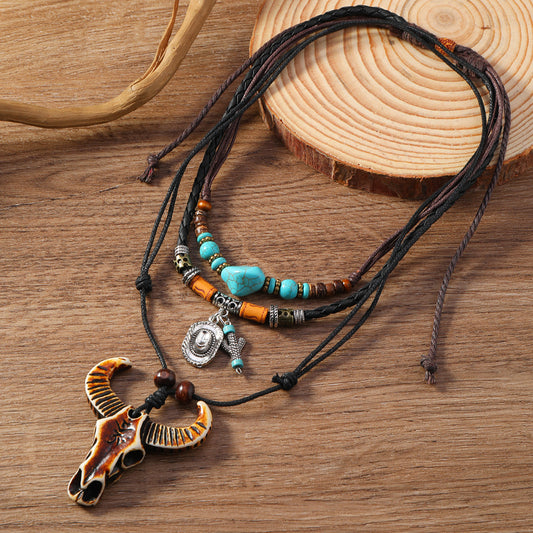 Vintage Braided Alloy Pendant Necklace Long Drawstring Design Hand Beaded Layers Unisex Accessory