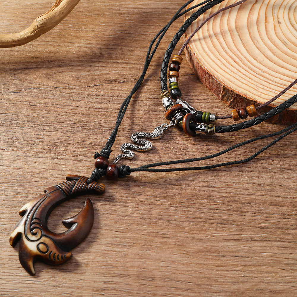 Vintage Braided Alloy Pendant Necklace Long Drawstring Design Hand Beaded Layers Unisex Accessory