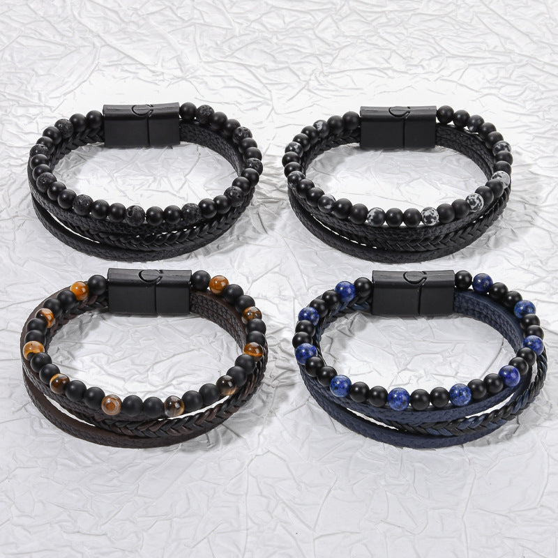 Stone Bead Leather Men's Magnetic Buckle Bracelet Handmade Woven Tiger Eye Obsidian Bracelet