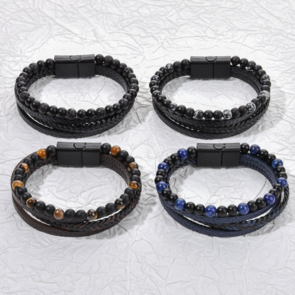 Stone Bead Leather Men's Magnetic Buckle Bracelet Handmade Woven Tiger Eye Obsidian Bracelet