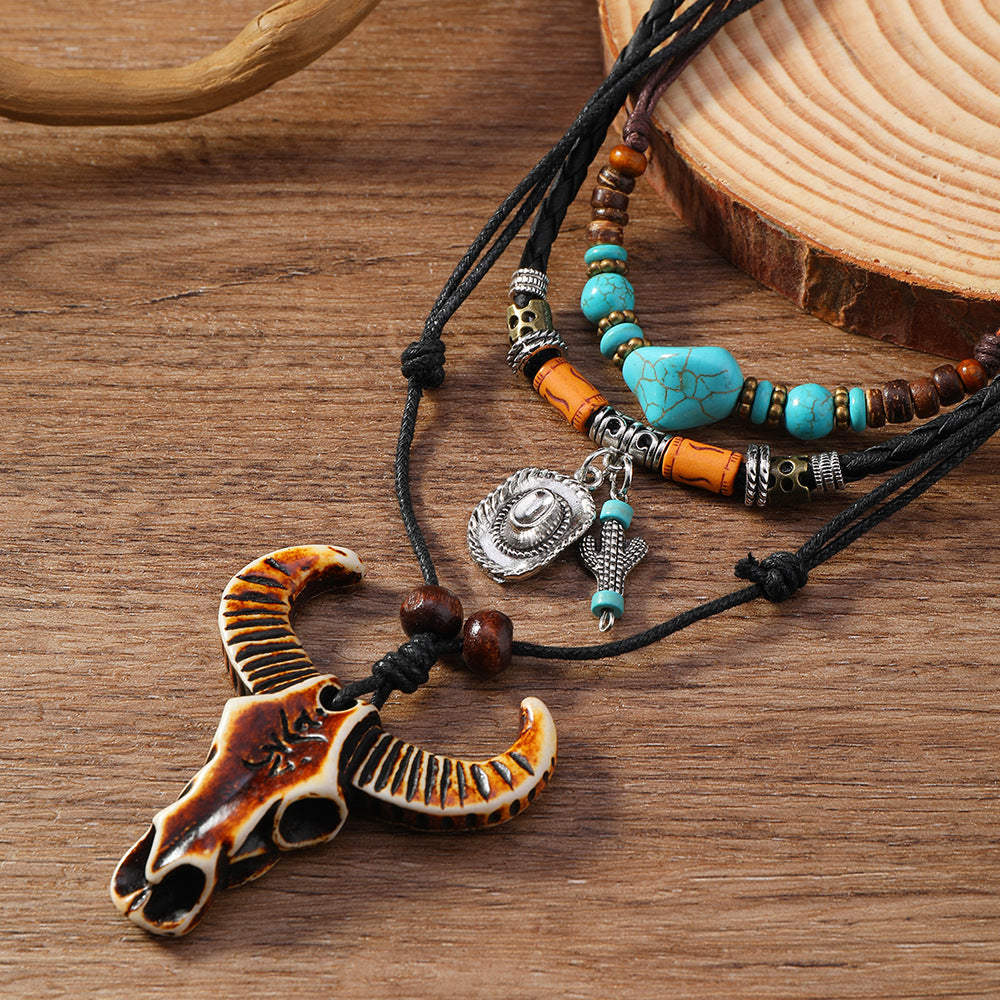 Vintage Braided Alloy Pendant Necklace Long Drawstring Design Hand Beaded Layers Unisex Accessory