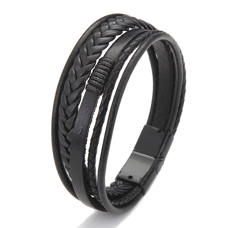 Stone Bead Leather Men's Magnetic Buckle Bracelet Handmade Woven Tiger Eye Obsidian Bracelet