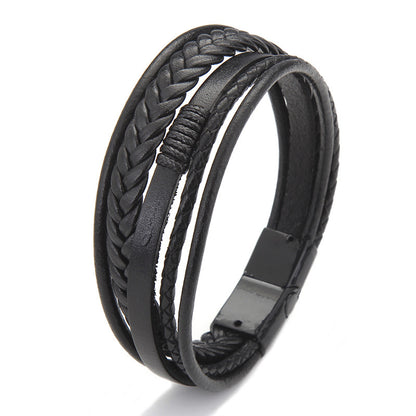 Stone Bead Leather Men's Magnetic Buckle Bracelet Handmade Woven Tiger Eye Obsidian Bracelet