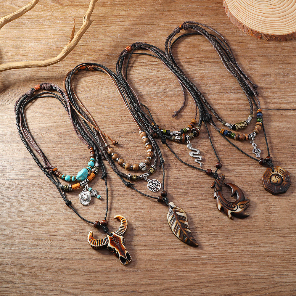 Vintage Braided Alloy Pendant Necklace Long Drawstring Design Hand Beaded Layers Unisex Accessory
