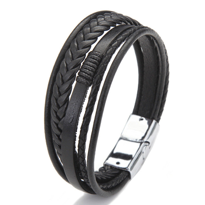 Stone Bead Leather Men's Magnetic Buckle Bracelet Handmade Woven Tiger Eye Obsidian Bracelet