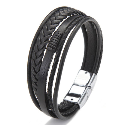 Stone Bead Leather Men's Magnetic Buckle Bracelet Handmade Woven Tiger Eye Obsidian Bracelet