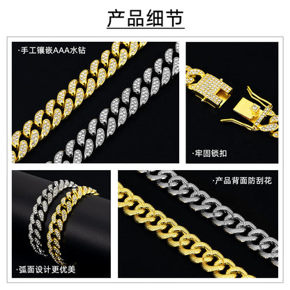 13mm Cuban Chain High-Quality Alloy Inlaid Diamond Necklace Unisex Bracelet European and American Hip-Hop Jewelry