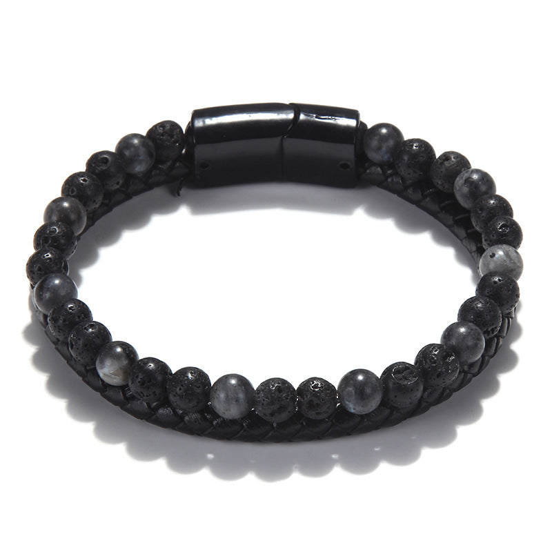 Stone Bead Leather Men's Magnetic Buckle Bracelet Handmade Woven Tiger Eye Obsidian Bracelet