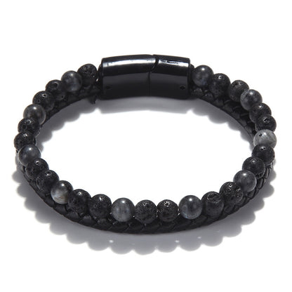 Stone Bead Leather Men's Magnetic Buckle Bracelet Handmade Woven Tiger Eye Obsidian Bracelet