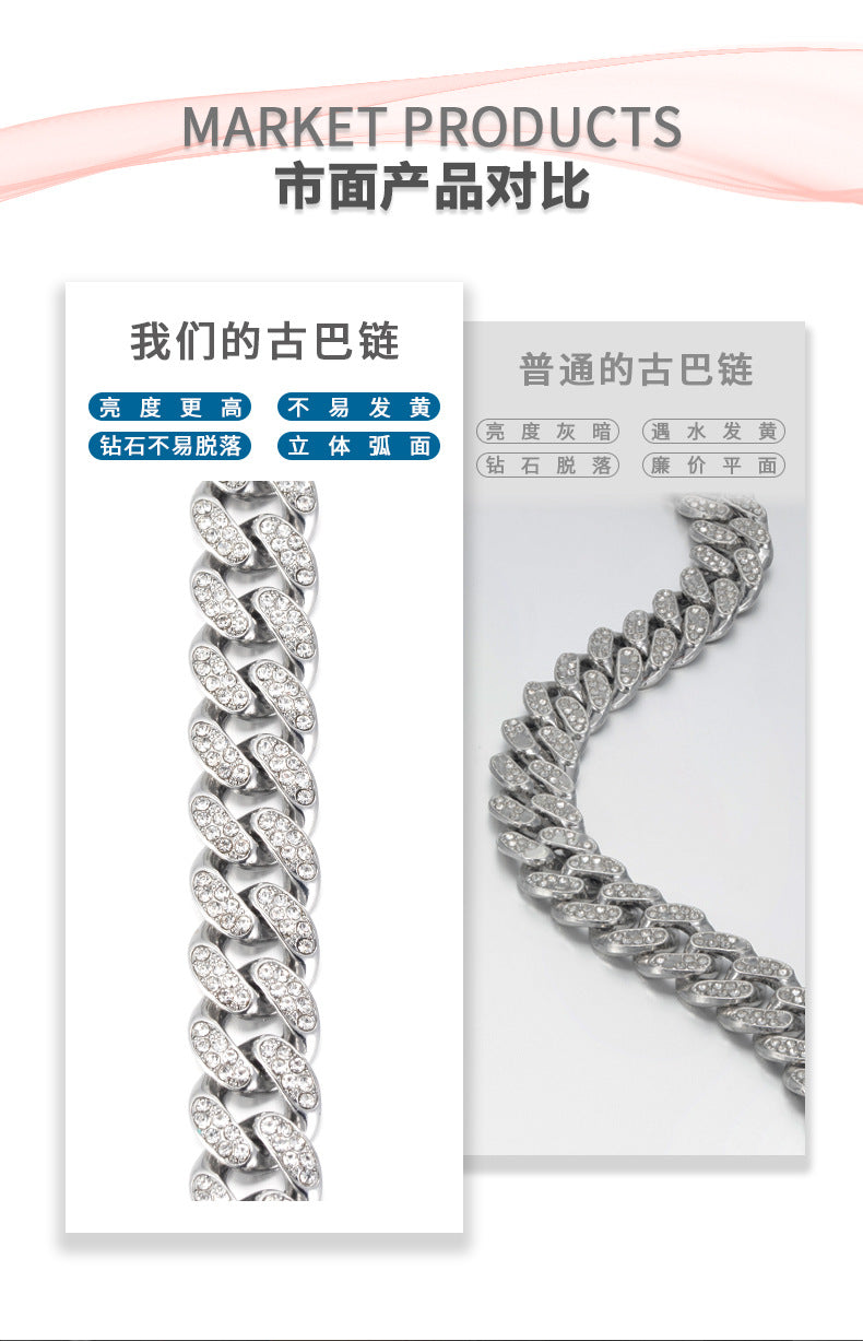 13mm Cuban Chain High-Quality Alloy Inlaid Diamond Necklace Unisex Bracelet European and American Hip-Hop Jewelry