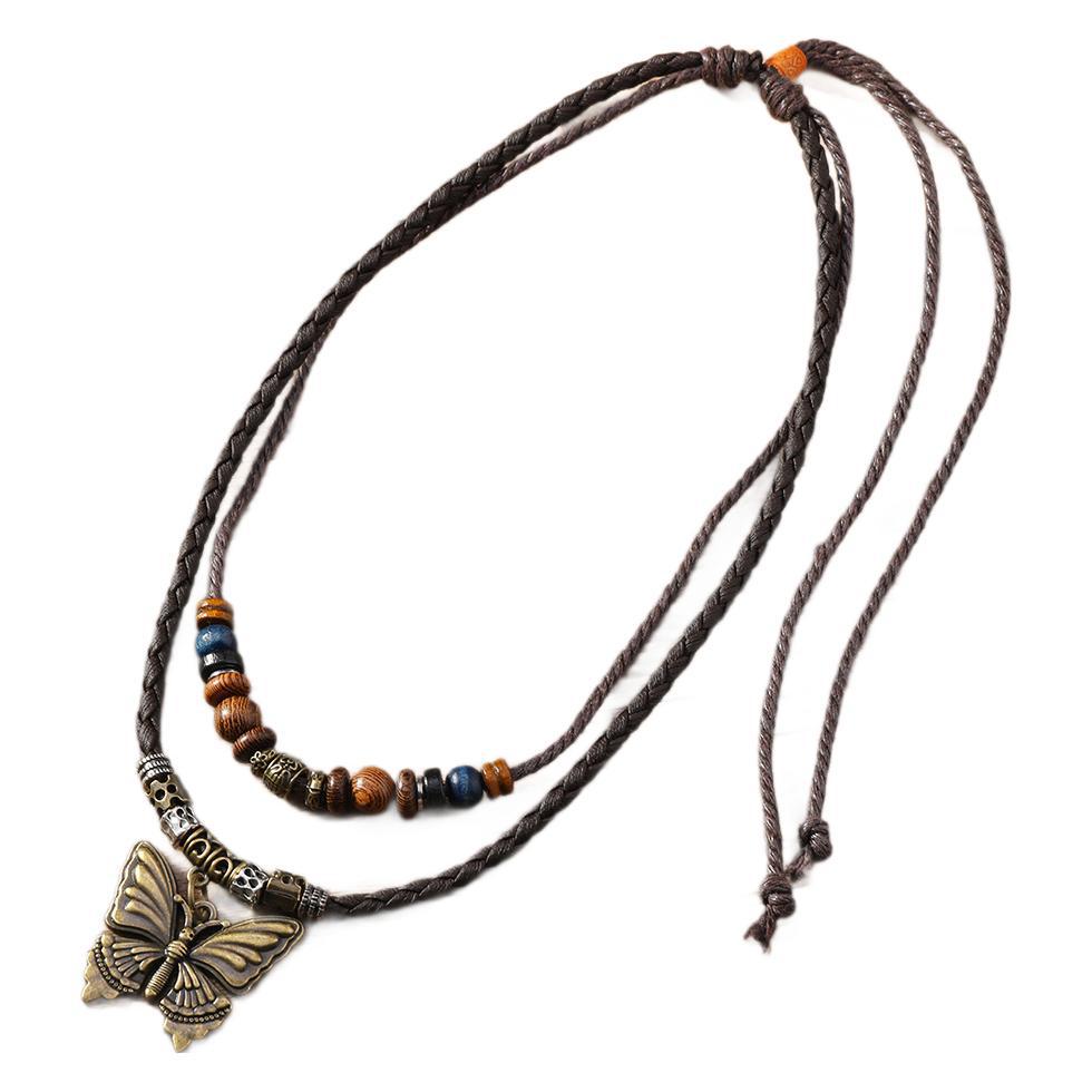 Vintage Braided Alloy Pendant Necklace Long Drawstring Design Hand Beaded Layers Unisex Accessory