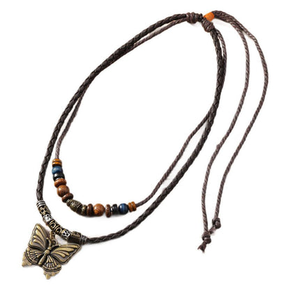 Vintage Braided Alloy Pendant Necklace Long Drawstring Design Hand Beaded Layers Unisex Accessory