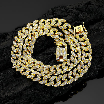 13mm Cuban Chain High-Quality Alloy Inlaid Diamond Necklace Unisex Bracelet European and American Hip-Hop Jewelry