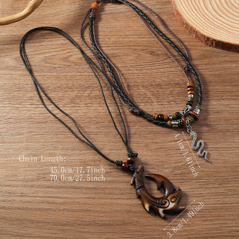 Vintage Braided Alloy Pendant Necklace Long Drawstring Design Hand Beaded Layers Unisex Accessory