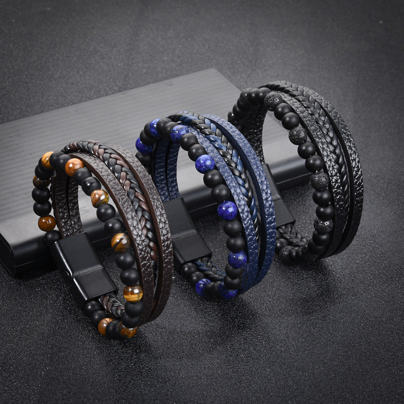 Stone Bead Leather Men's Magnetic Buckle Bracelet Handmade Woven Tiger Eye Obsidian Bracelet