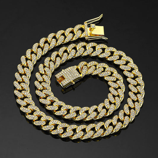 13mm Cuban Chain High-Quality Alloy Inlaid Diamond Necklace Unisex Bracelet European and American Hip-Hop Jewelry