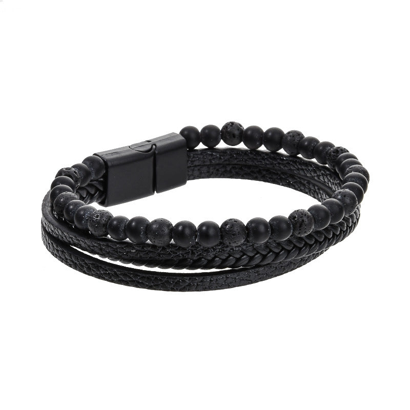 Stone Bead Leather Men's Magnetic Buckle Bracelet Handmade Woven Tiger Eye Obsidian Bracelet