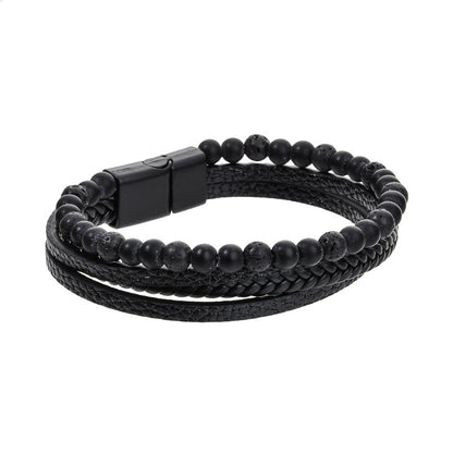 Stone Bead Leather Men's Magnetic Buckle Bracelet Handmade Woven Tiger Eye Obsidian Bracelet