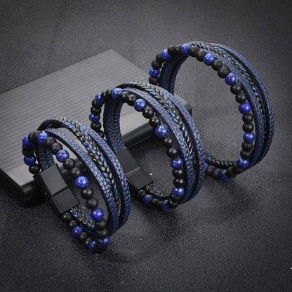 Stone Bead Leather Men's Magnetic Buckle Bracelet Handmade Woven Tiger Eye Obsidian Bracelet