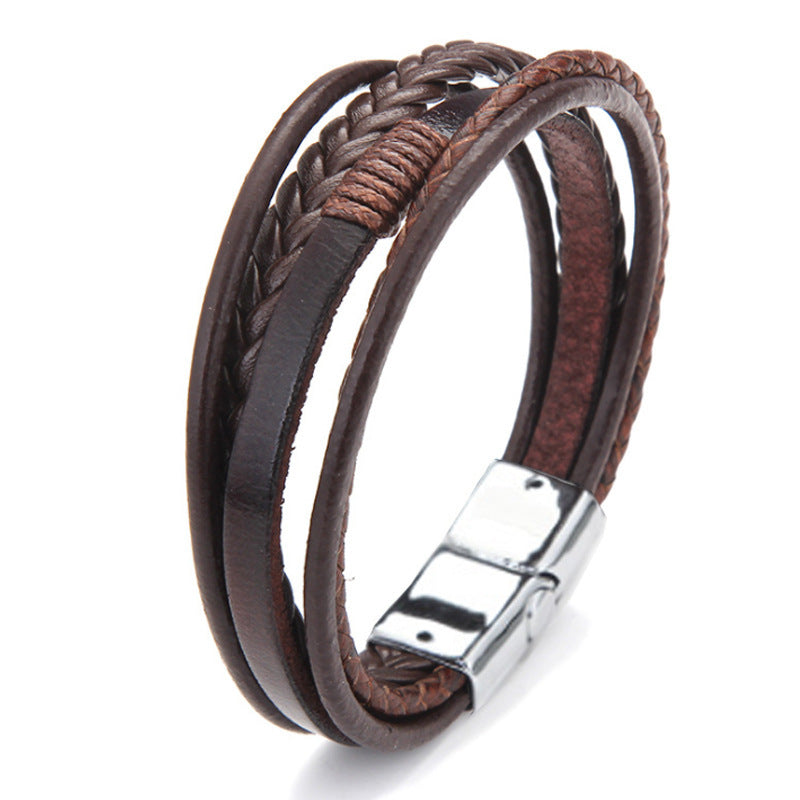 Stone Bead Leather Men's Magnetic Buckle Bracelet Handmade Woven Tiger Eye Obsidian Bracelet