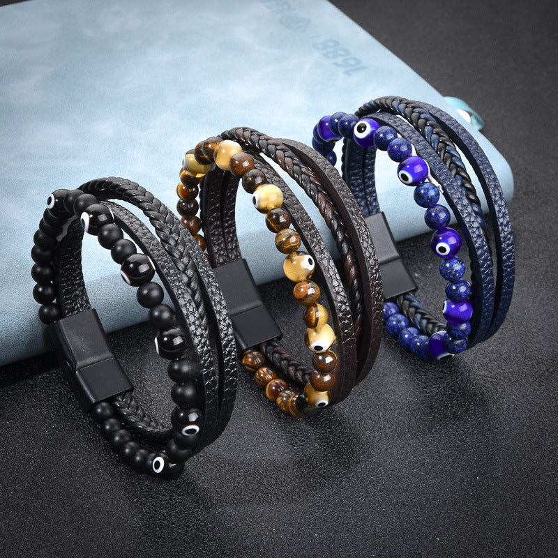 Stone Bead Leather Men's Magnetic Buckle Bracelet Handmade Woven Tiger Eye Obsidian Bracelet