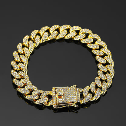 13mm Cuban Chain High-Quality Alloy Inlaid Diamond Necklace Unisex Bracelet European and American Hip-Hop Jewelry