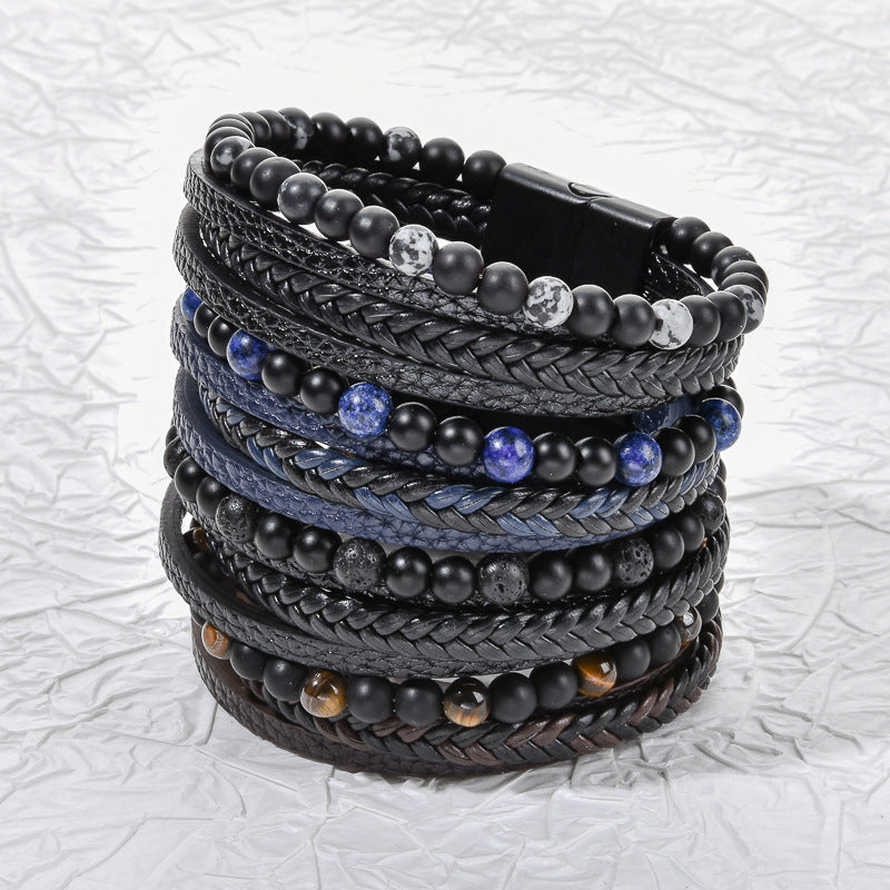Stone Bead Leather Men's Magnetic Buckle Bracelet Handmade Woven Tiger Eye Obsidian Bracelet