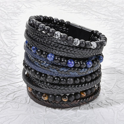 Stone Bead Leather Men's Magnetic Buckle Bracelet Handmade Woven Tiger Eye Obsidian Bracelet