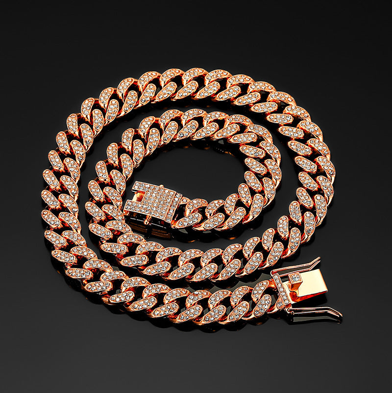 13mm Cuban Chain High-Quality Alloy Inlaid Diamond Necklace Unisex Bracelet European and American Hip-Hop Jewelry
