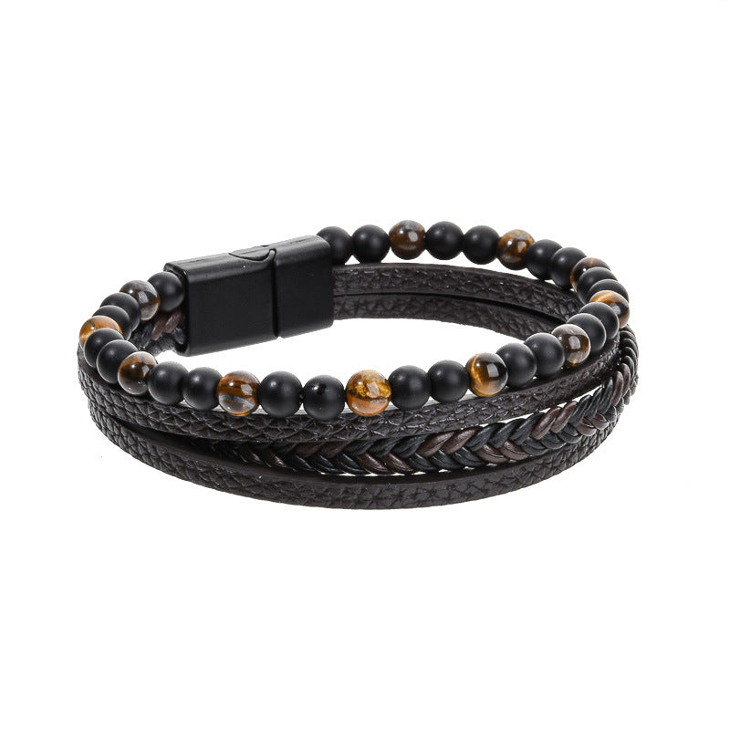 Stone Bead Leather Men's Magnetic Buckle Bracelet Handmade Woven Tiger Eye Obsidian Bracelet