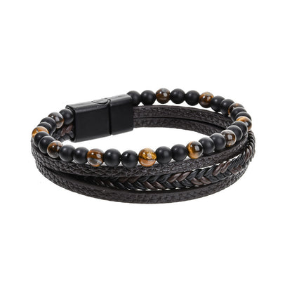 Stone Bead Leather Men's Magnetic Buckle Bracelet Handmade Woven Tiger Eye Obsidian Bracelet