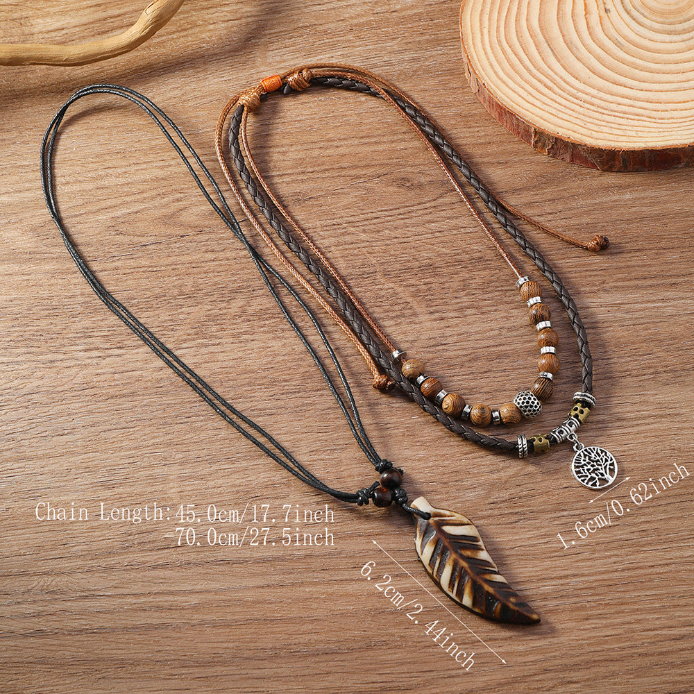 Vintage Braided Alloy Pendant Necklace Long Drawstring Design Hand Beaded Layers Unisex Accessory