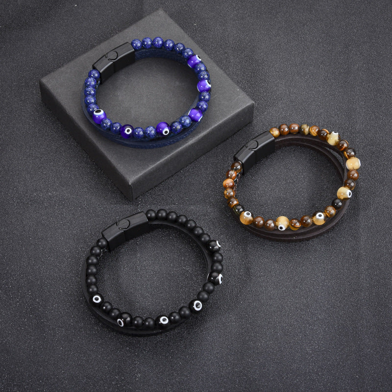 Stone Bead Leather Men's Magnetic Buckle Bracelet Handmade Woven Tiger Eye Obsidian Bracelet