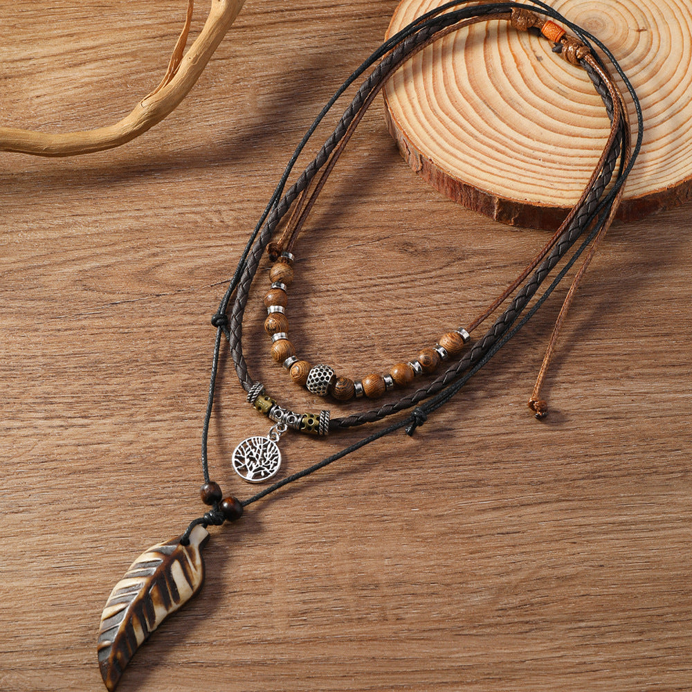 Vintage Braided Alloy Pendant Necklace Long Drawstring Design Hand Beaded Layers Unisex Accessory