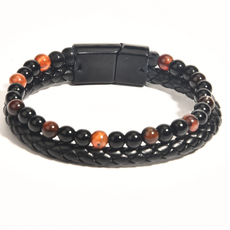 Stone Bead Leather Men's Magnetic Buckle Bracelet Handmade Woven Tiger Eye Obsidian Bracelet
