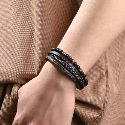 Stone Bead Leather Men's Magnetic Buckle Bracelet Handmade Woven Tiger Eye Obsidian Bracelet