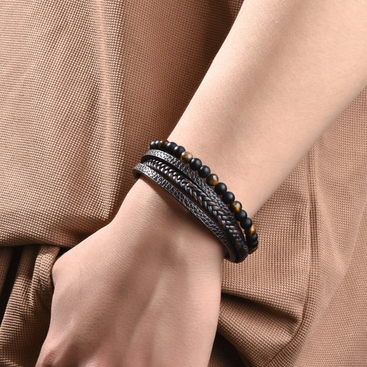 Stone Bead Leather Men's Magnetic Buckle Bracelet Handmade Woven Tiger Eye Obsidian Bracelet