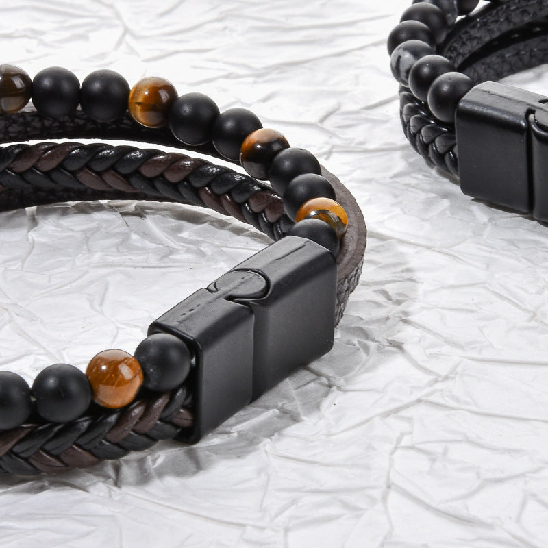 Stone Bead Leather Men's Magnetic Buckle Bracelet Handmade Woven Tiger Eye Obsidian Bracelet